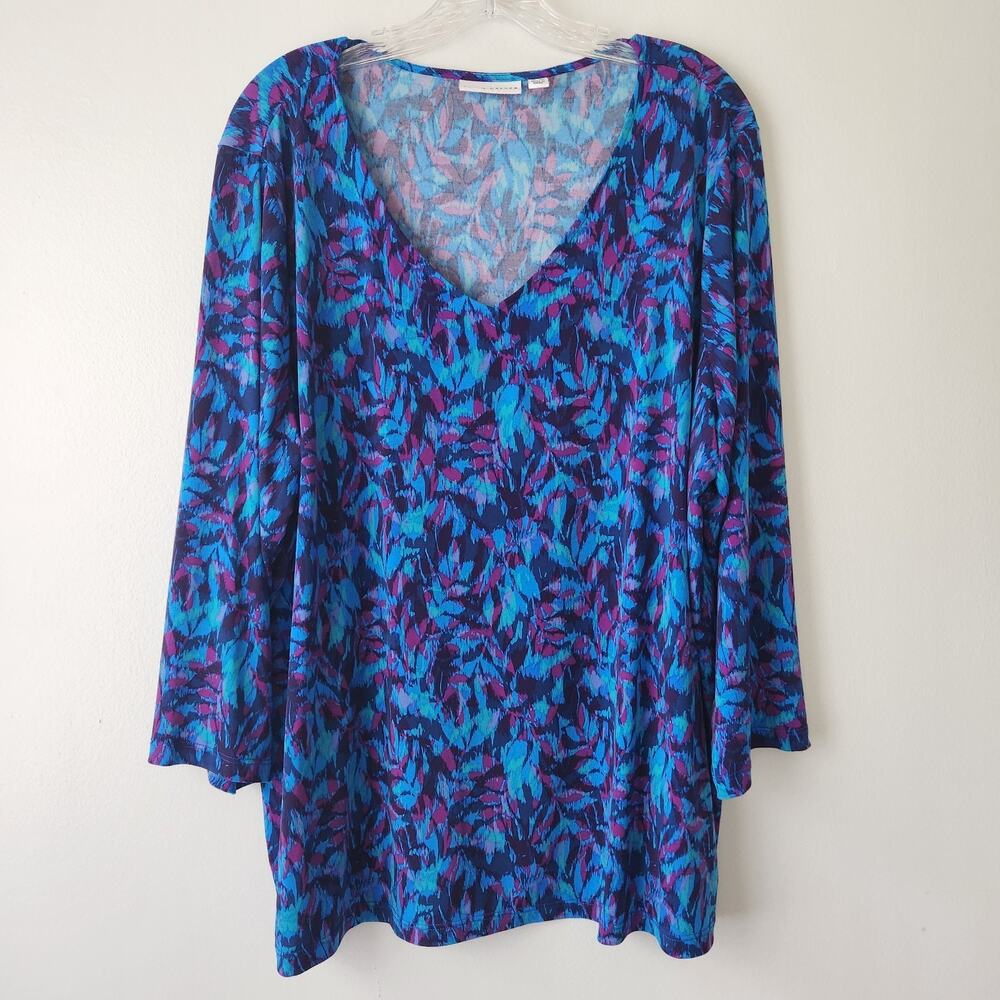 Susan Graver Top Womens 2X Blue Purple Liquid Knit Tunic Flowy Travel Ready Chic